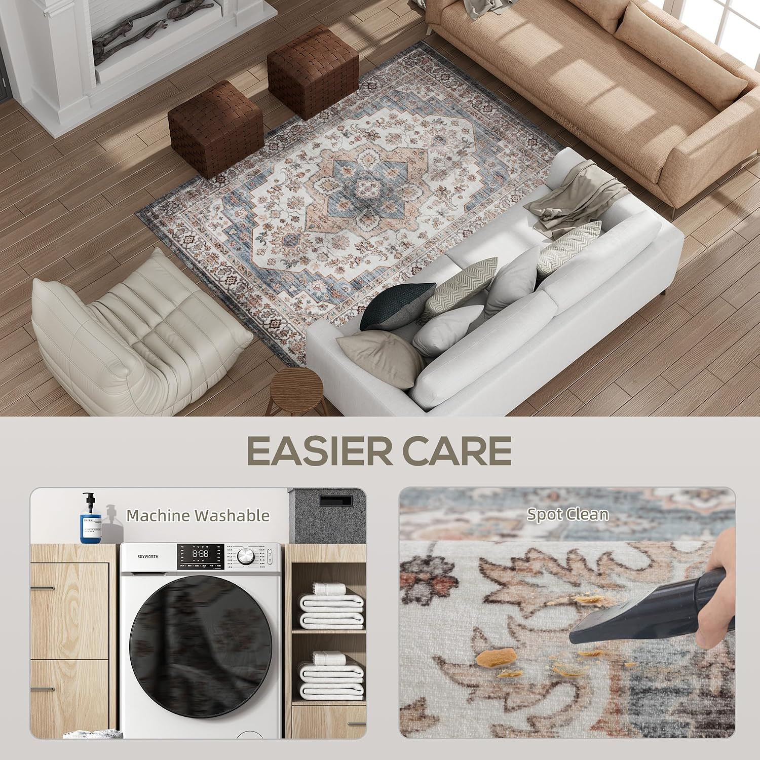 Machine Washable Area Rug 4’X6′ Boho Non-Slip Brown and Light Blue | Vintage Ori
