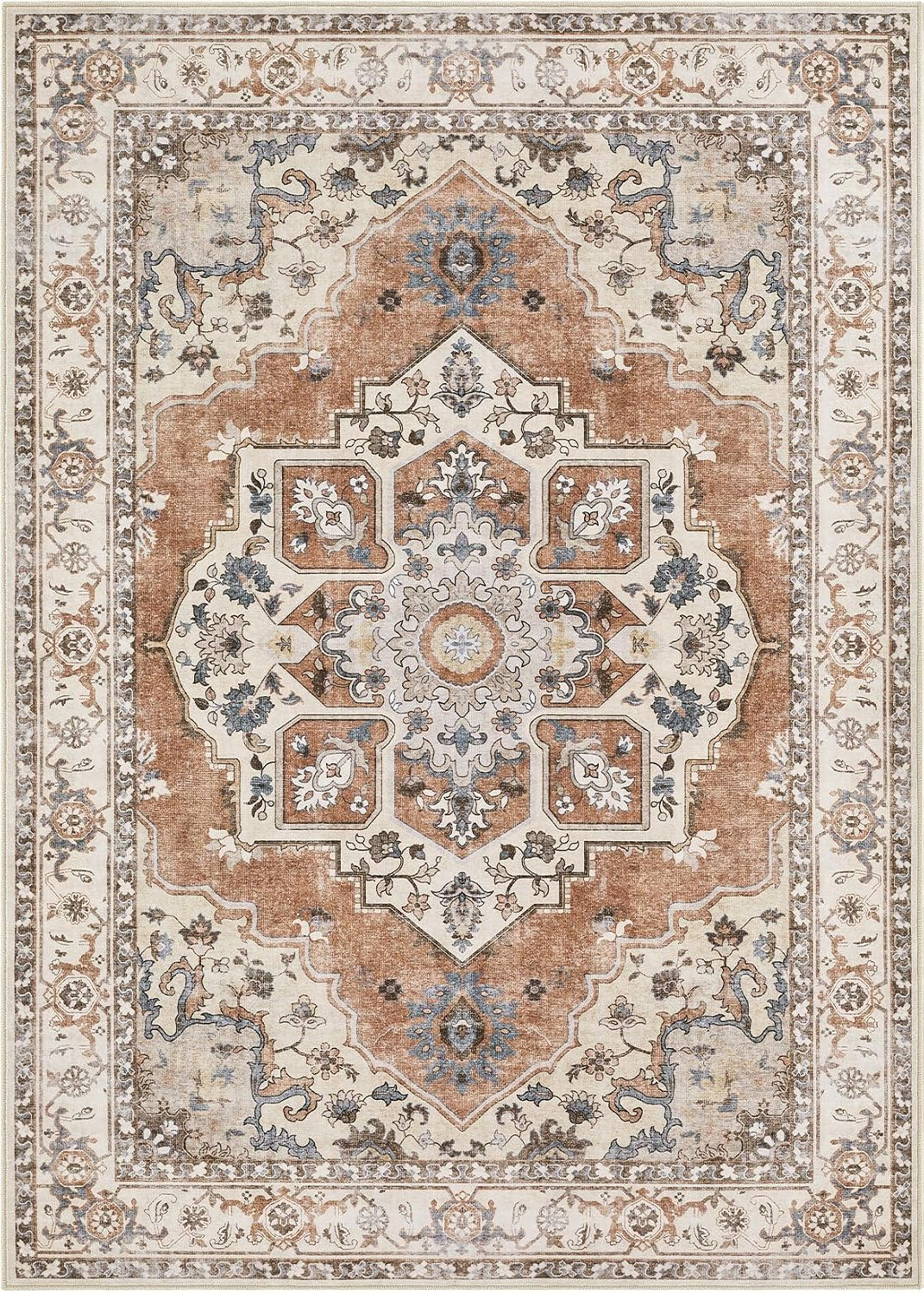 9X12 Washable Area Rug: Vintage Neutral Soft Non Slip Thin Large Floor Carpet fo