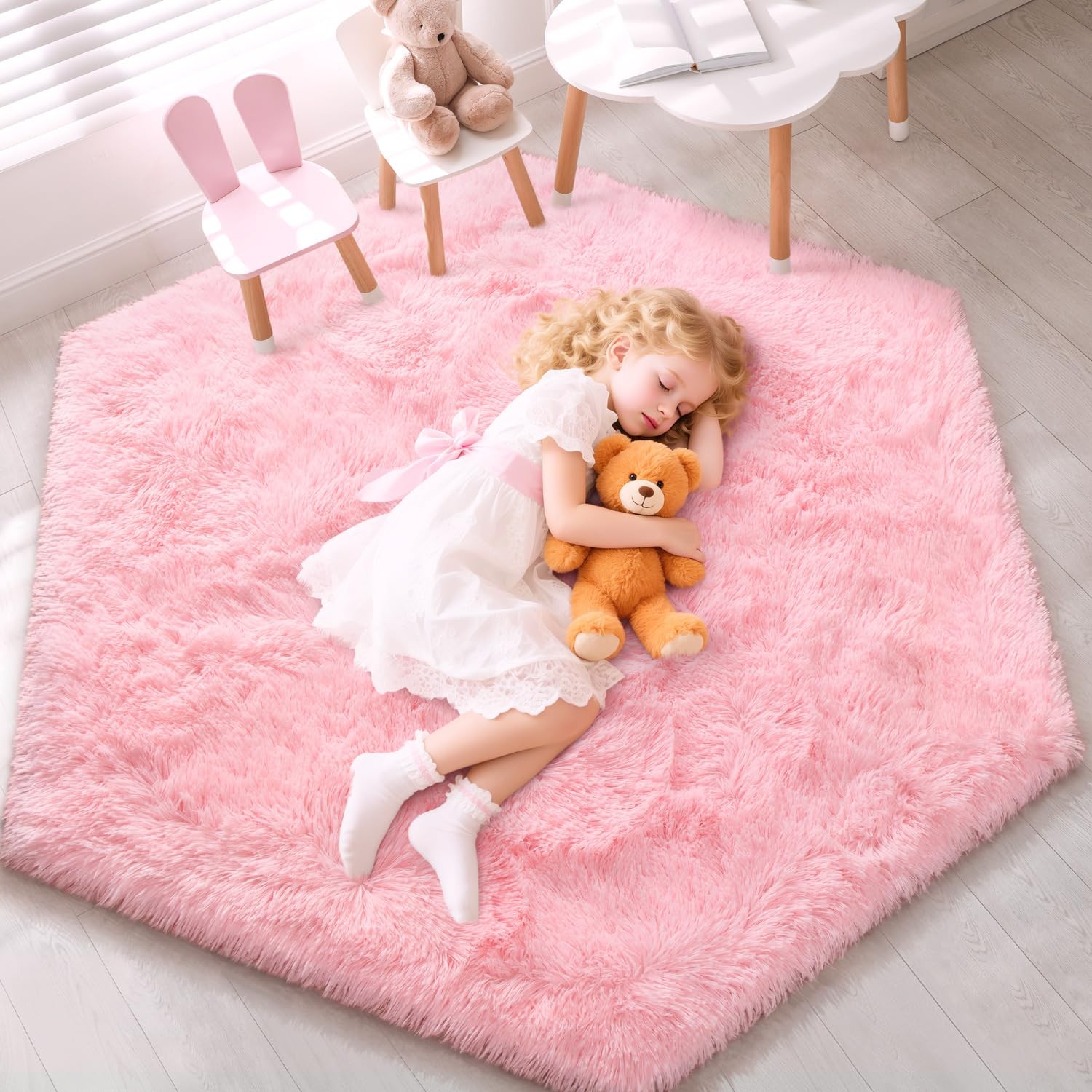 Pink Hexagon Rug for Princess Tent, Fluffy Area Rug for Room, 4×4.6 Feet for …