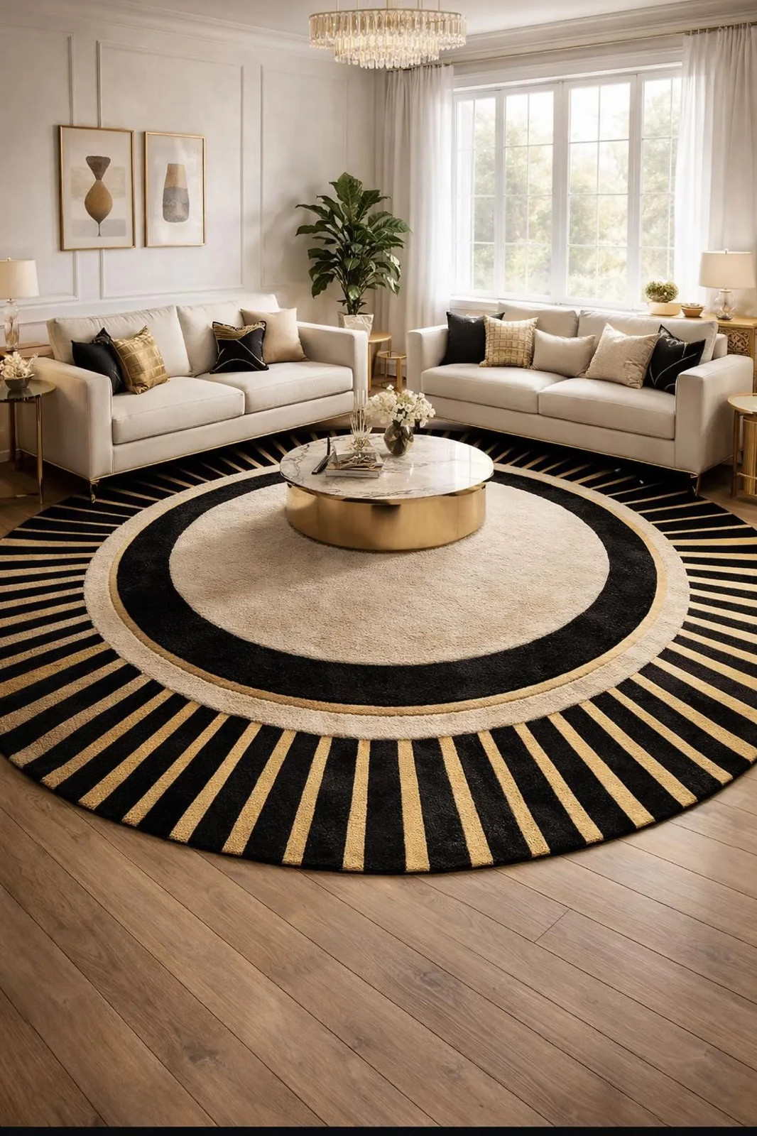 Black gold round rug hand tufted wool art deco rug modern geometric sunburst rug