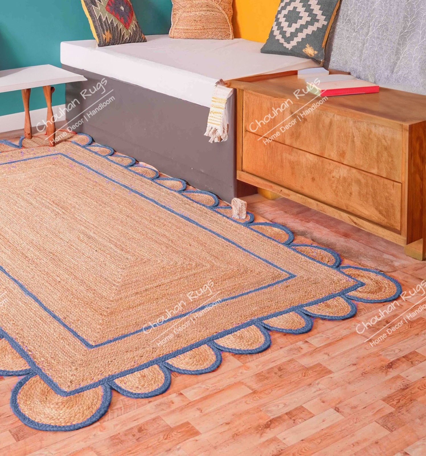 Natural scallop Jute Runner Rug 2×8 Ft Light Blue Border Boho Living area Rugs