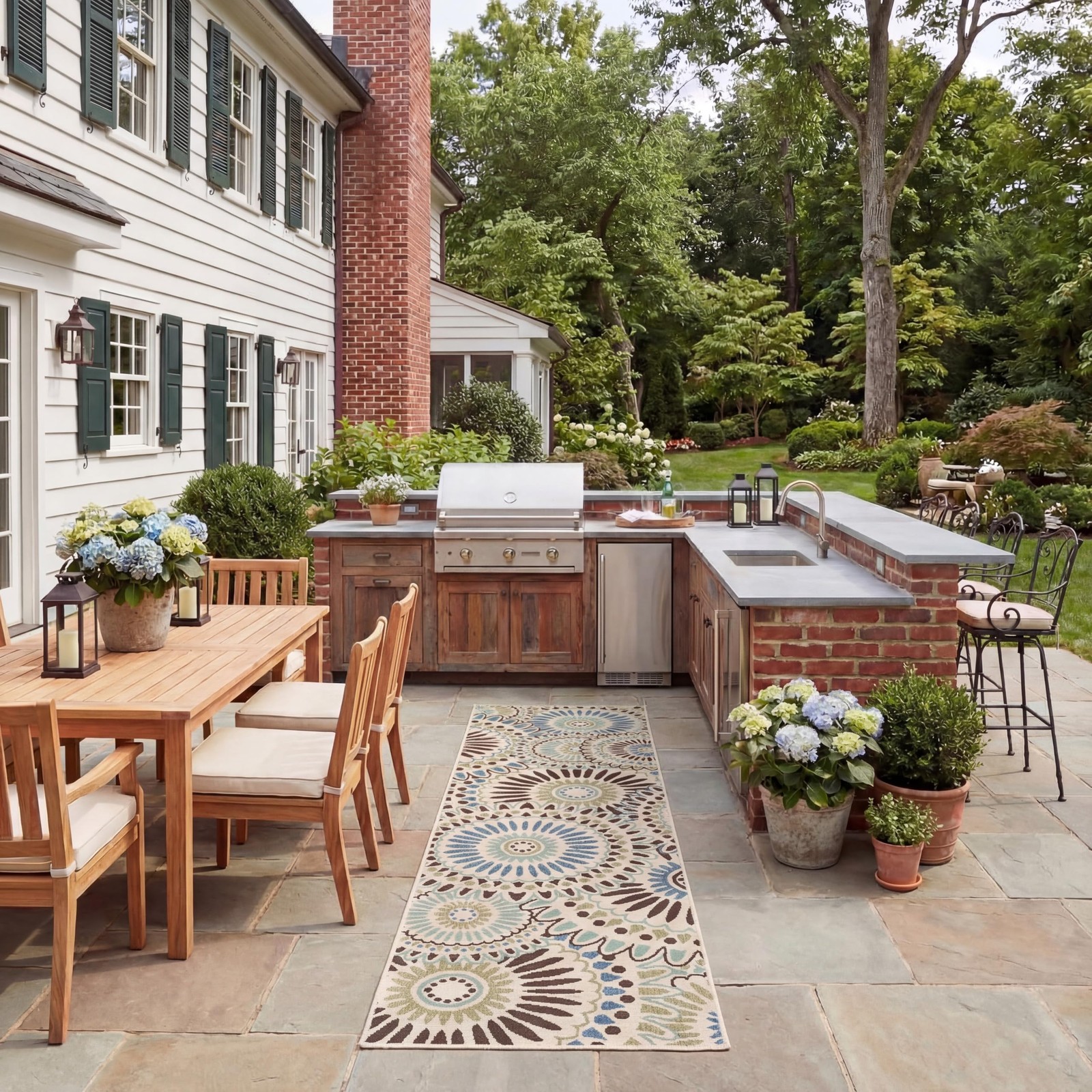 Washable Rug Outdoor Collection – 2’3″ x 14′ Runner, Cream & Blue, Non-Sheddi…