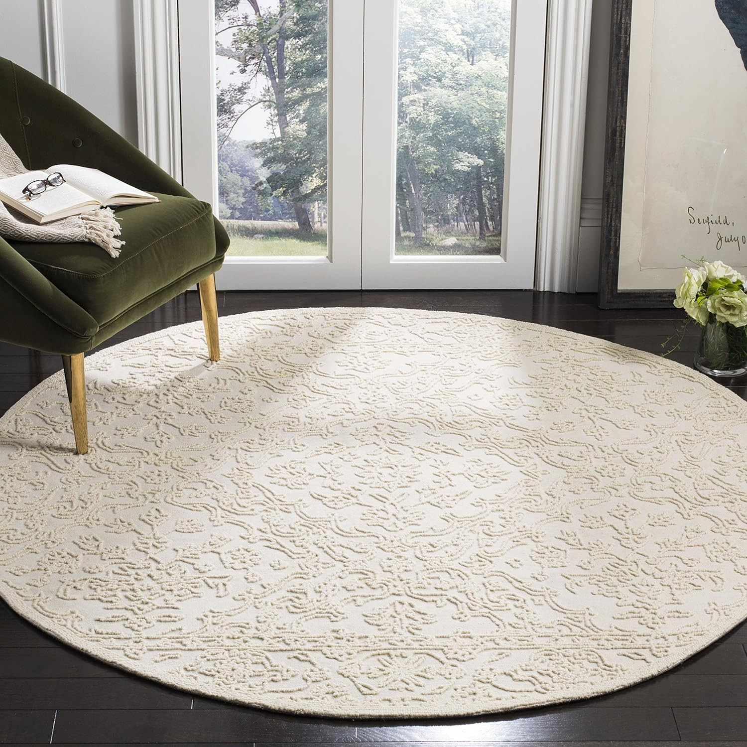 Trace Collection 8′ Ivory Handmade Wool Area Rug for Entryway & Living Room