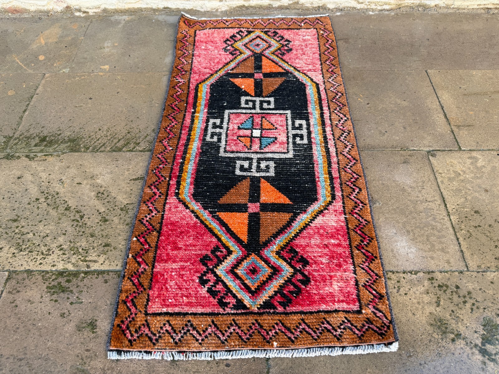 Vintage Kurdish Tribal Rug 1.6×3.3 ft Coral Red Black Geometric Wool Mat