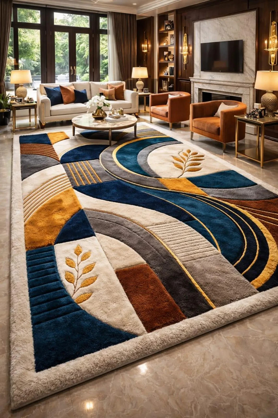 Hand Tufted Wool Rug, Round Abstract Geometric Area Carpet, Thick Plush Luxury F