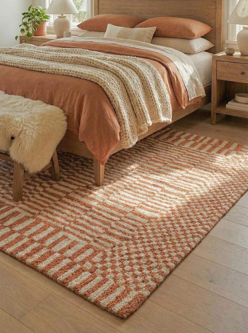 Hand Woven Kilim Rug orange White Geometric Flat Weave Area Carpet Rug