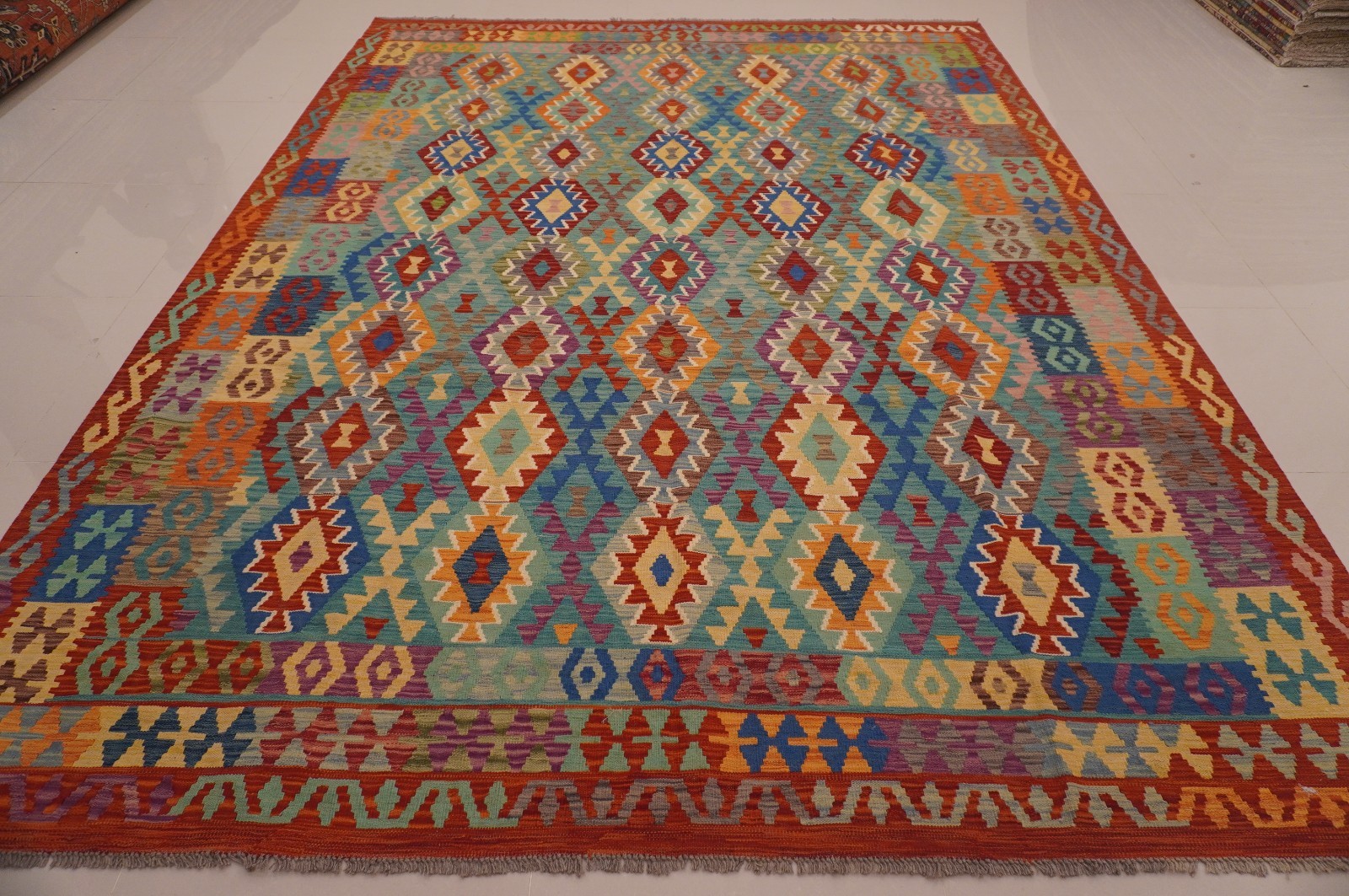 8×11 ft Blue Afghan Handmade Geometric Wool Kilim Area Rug ( 8’7″x11’4″ )