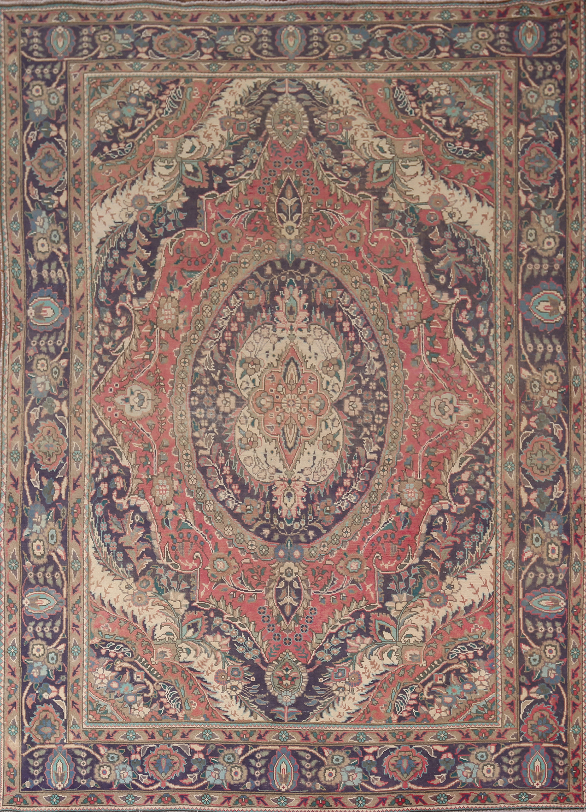 Vintage Pink/ Navy Blue Wool Tebriz Area Rug 7×9 Traditional Living Room Carpet