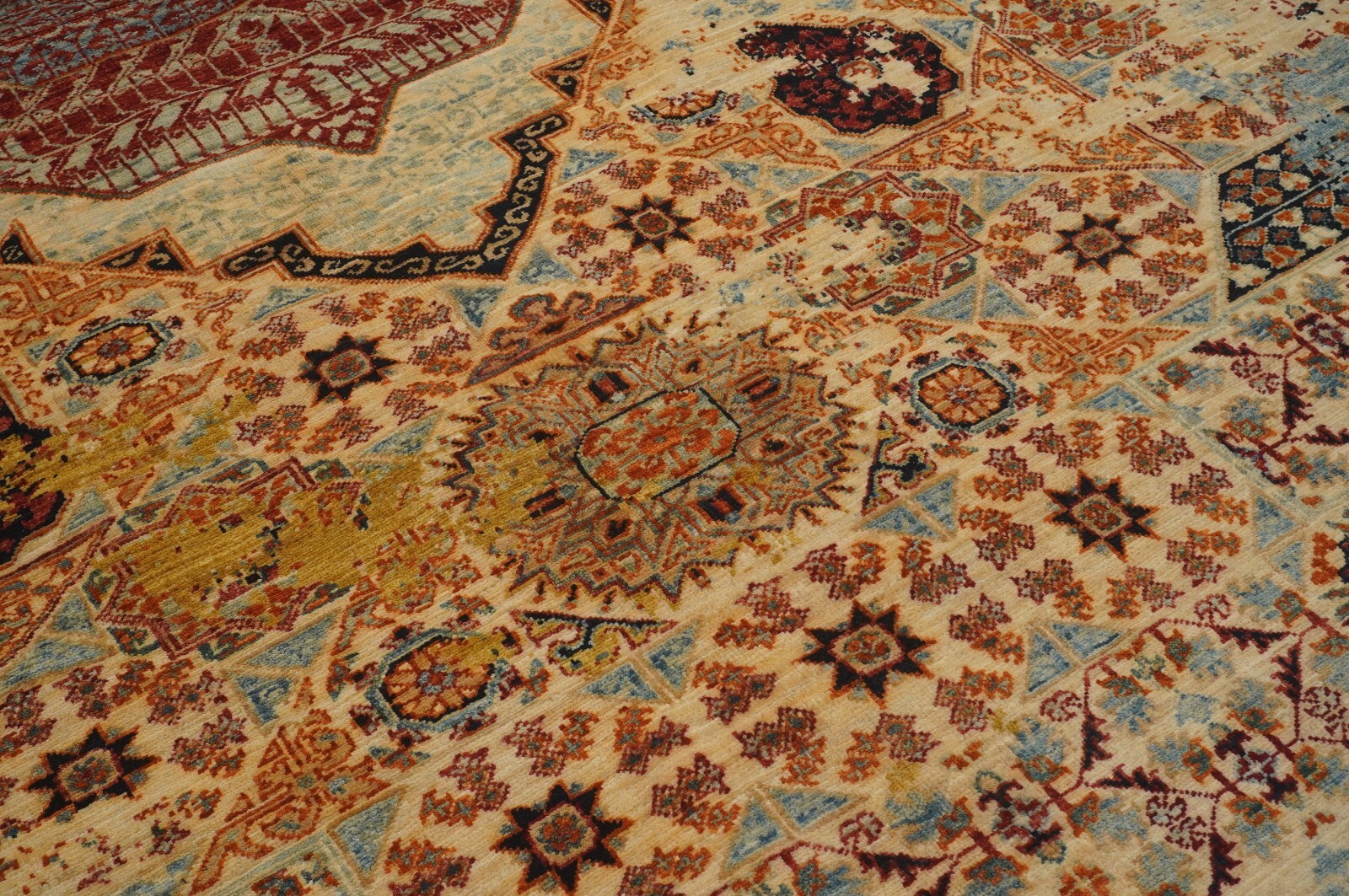 10 x 14 ft Beige Modern Mamluk Hand Knotted Wool Abstract Medallion Rug