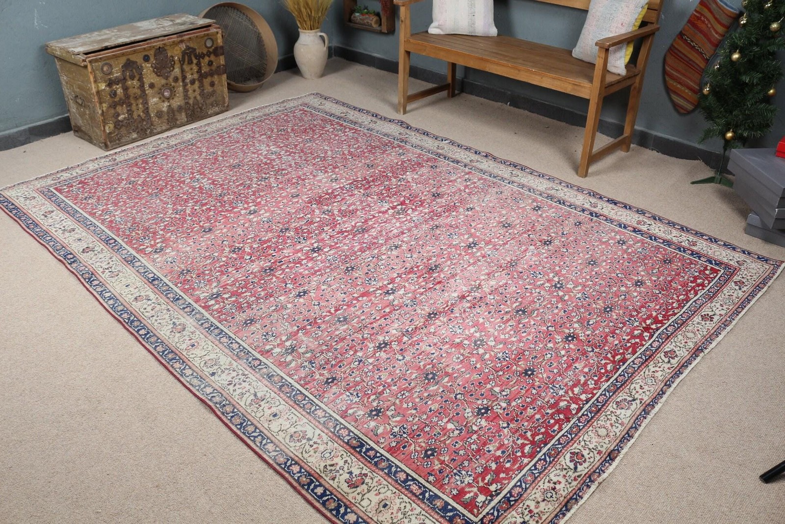 6,4×9,4 ft Turkish Rug, Vintage Large Rug, Red Blue Striped Rug