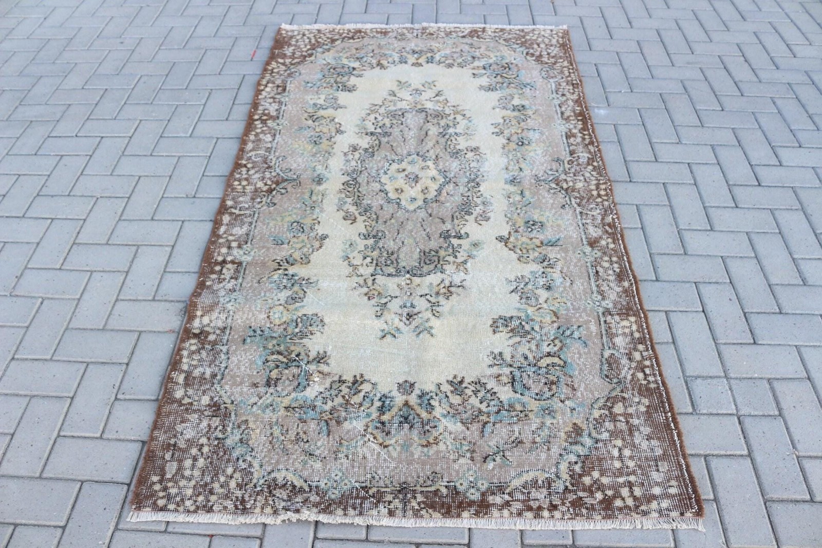 Vintage Turkish Rug 3,8×6,7 ft (116×205 cm), Brown Ikat Wool Rug