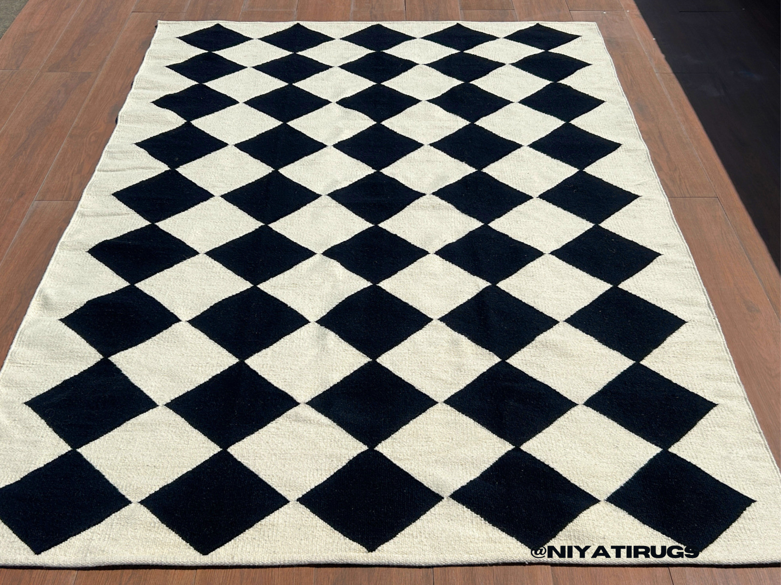 Handwoven Wool Check Rug : Modern Geometric Area Carpet – Wool Checkerboard Rug