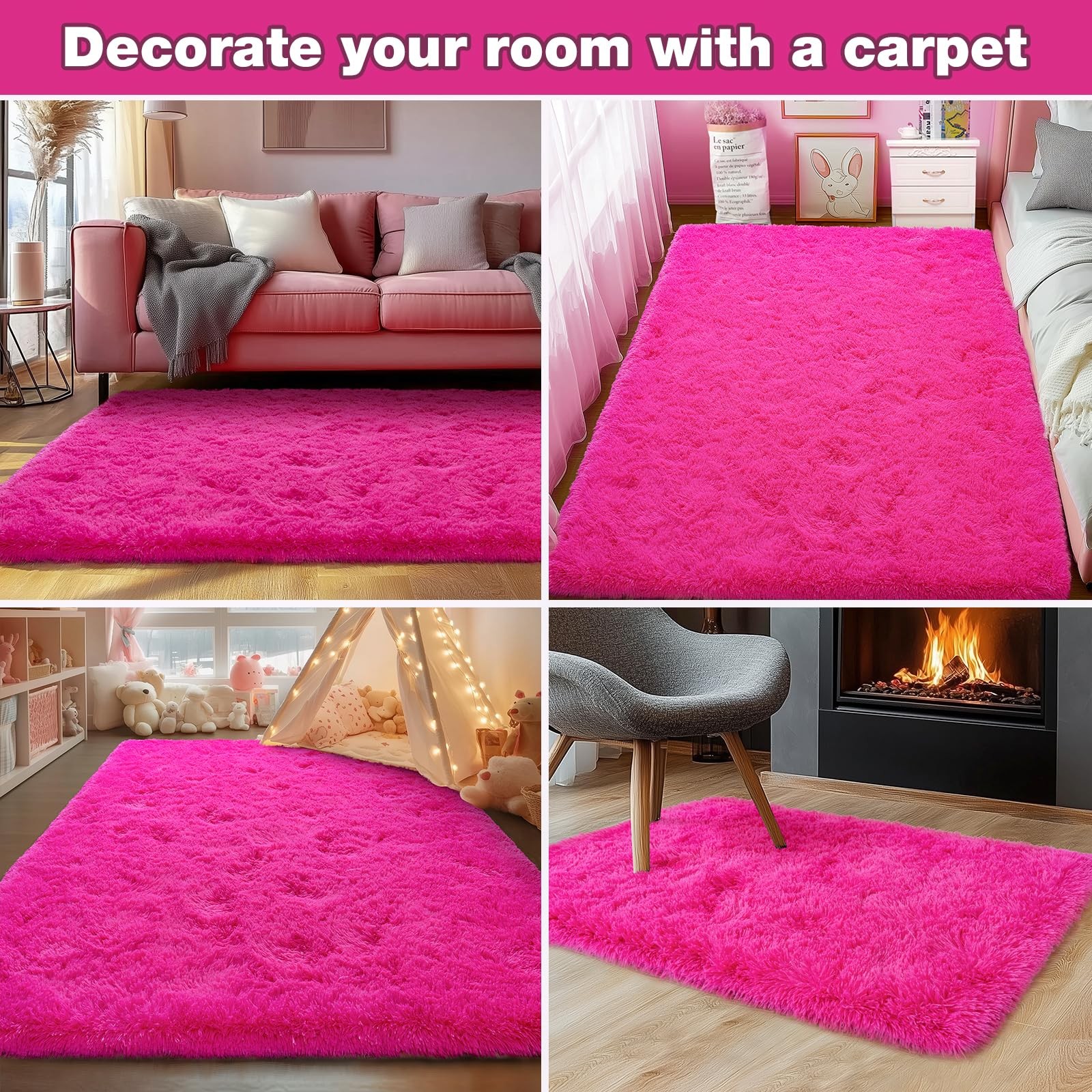 Rezutan Ultra Soft Fluffy Hot Pink Rugs,2×6 Feet Fluffy Shag Area Rugs for Livin