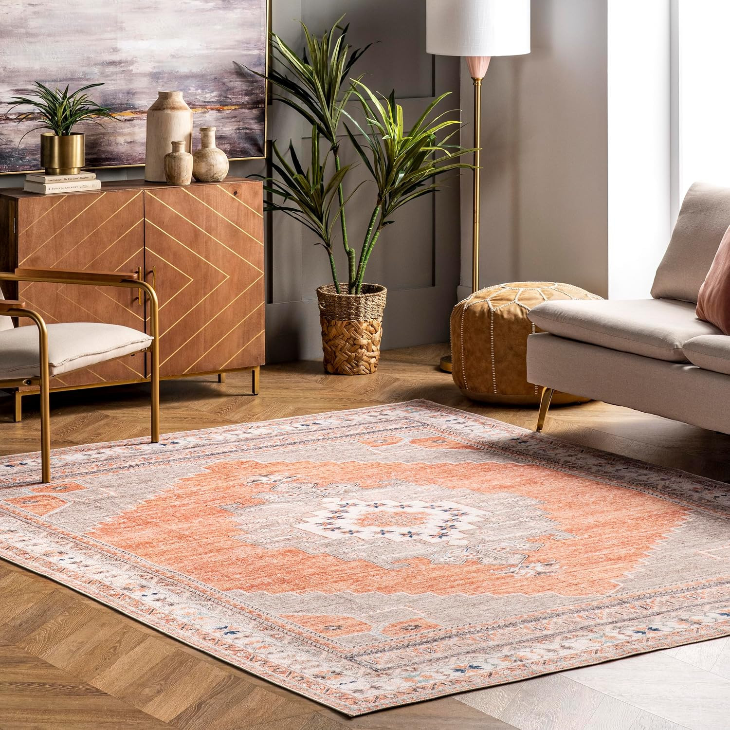 Alicia Machine Washable Medallion Area Rug, 5′ X 8′, Rust, Rectangular, 0.15″ Th