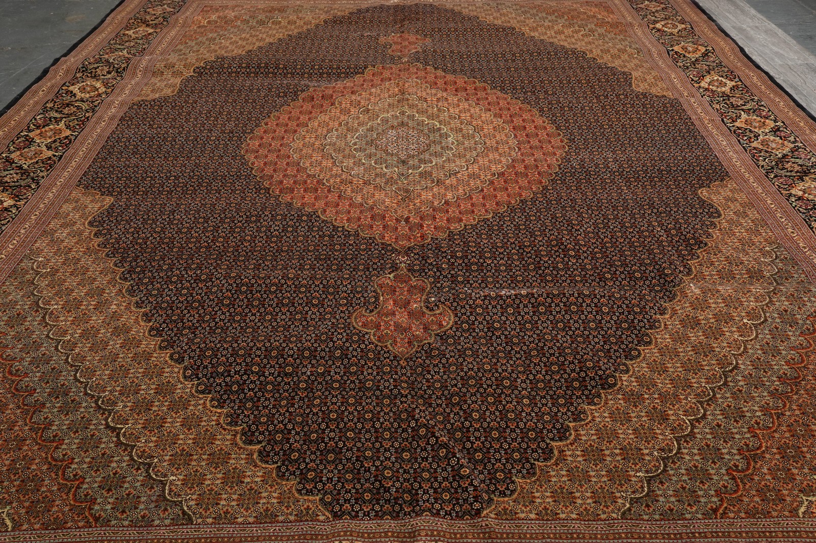 11.6 x 16.6 Authentic Tabriiz Mahii 400 KPSI Wool and Silk Rug Black #PIX-691