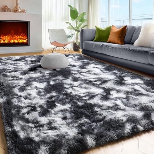 9×12 Area Rugs Living Room, 9′ x 12′ (Rectangular) Tie Dyed-black White Grey
