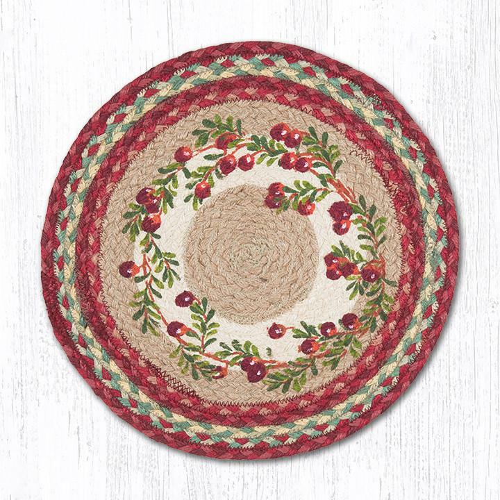 2 Braided Jute Round Stenciled Placemat/Trivet/Swatch. Earth Rugs. CRANBERRIES