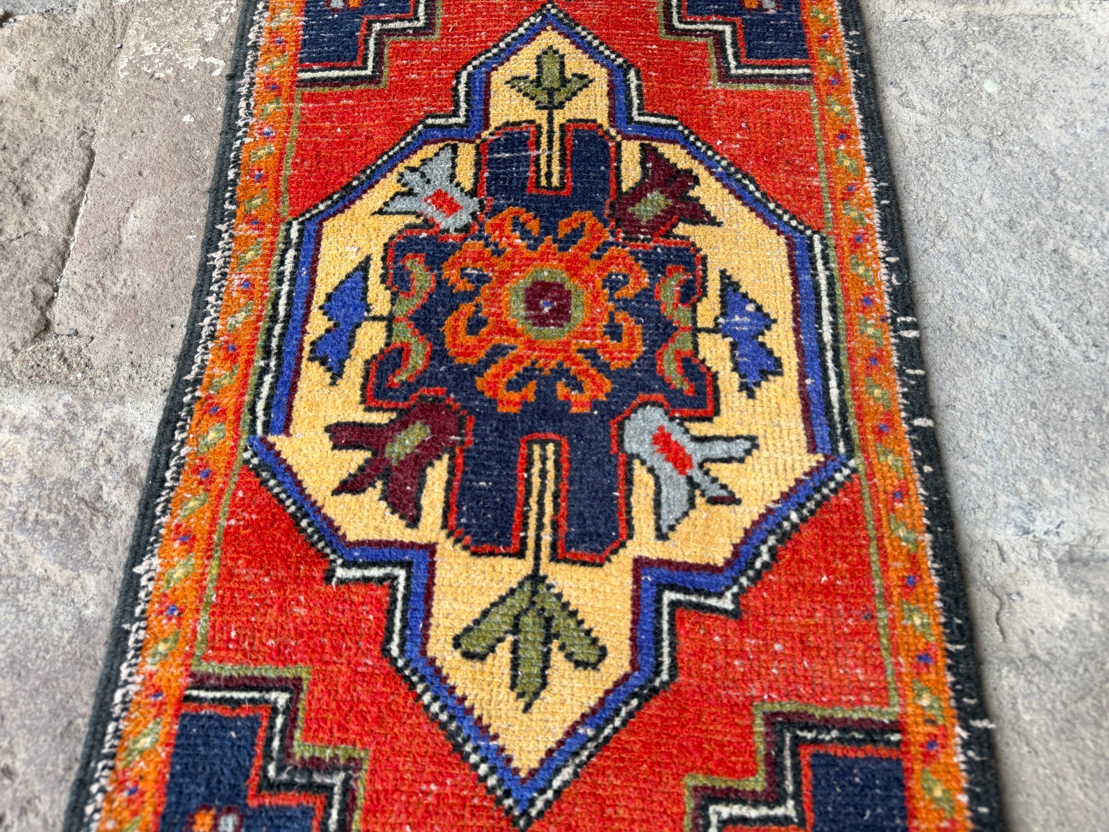 Vintage Turkish Rug 1.7×3.4 ft Red Navy Blue Small Boho Tribal Area Rug