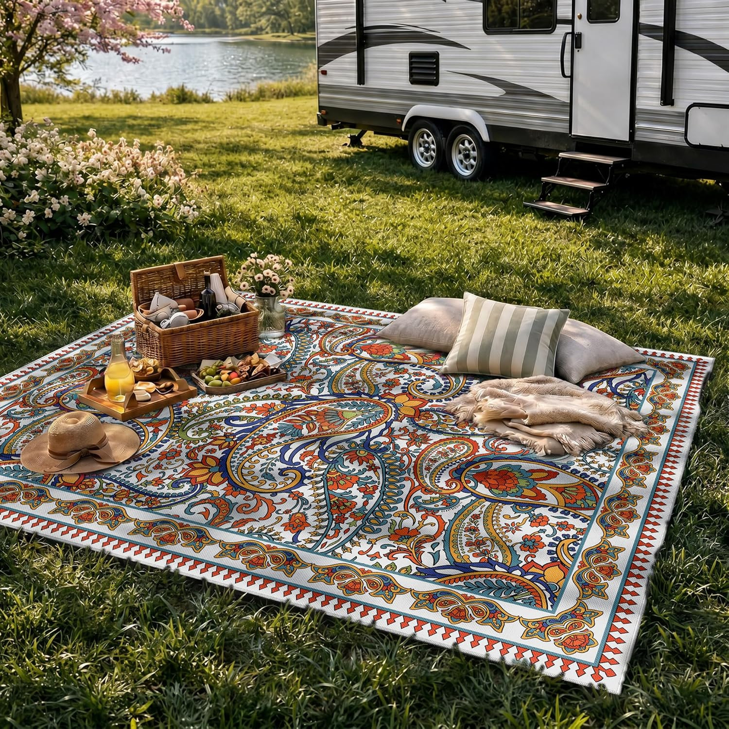 Paisley Outdoor Rug Waterproof 4X6, UV Resistant Non Slip Patio Rug, Indoor Outd