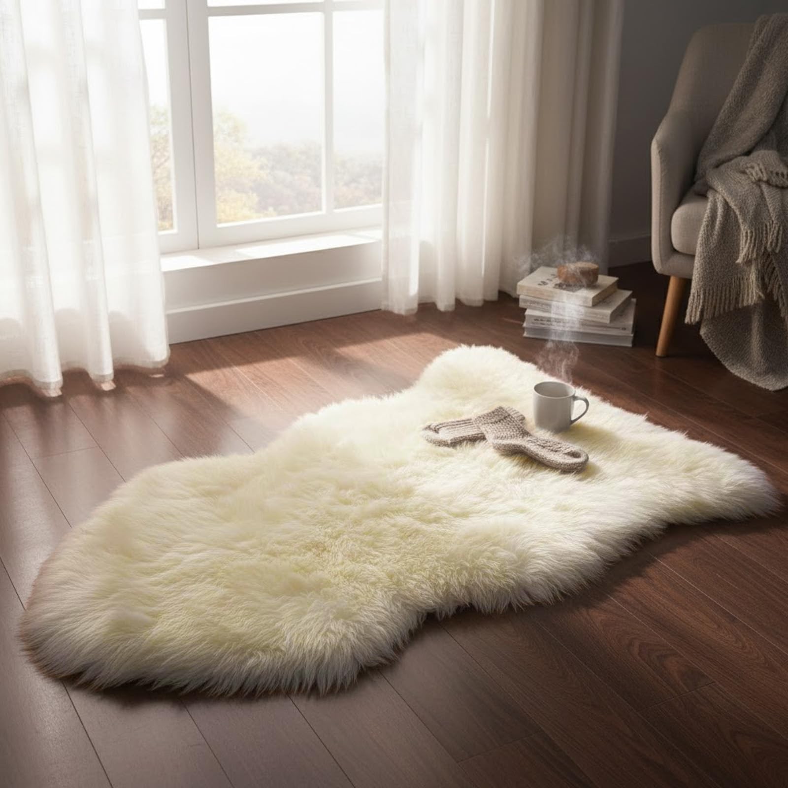 RZLWOOL Genuine Sheepskin Rug New Zealand Fluffy Lambskin Rug, Natural Luxury