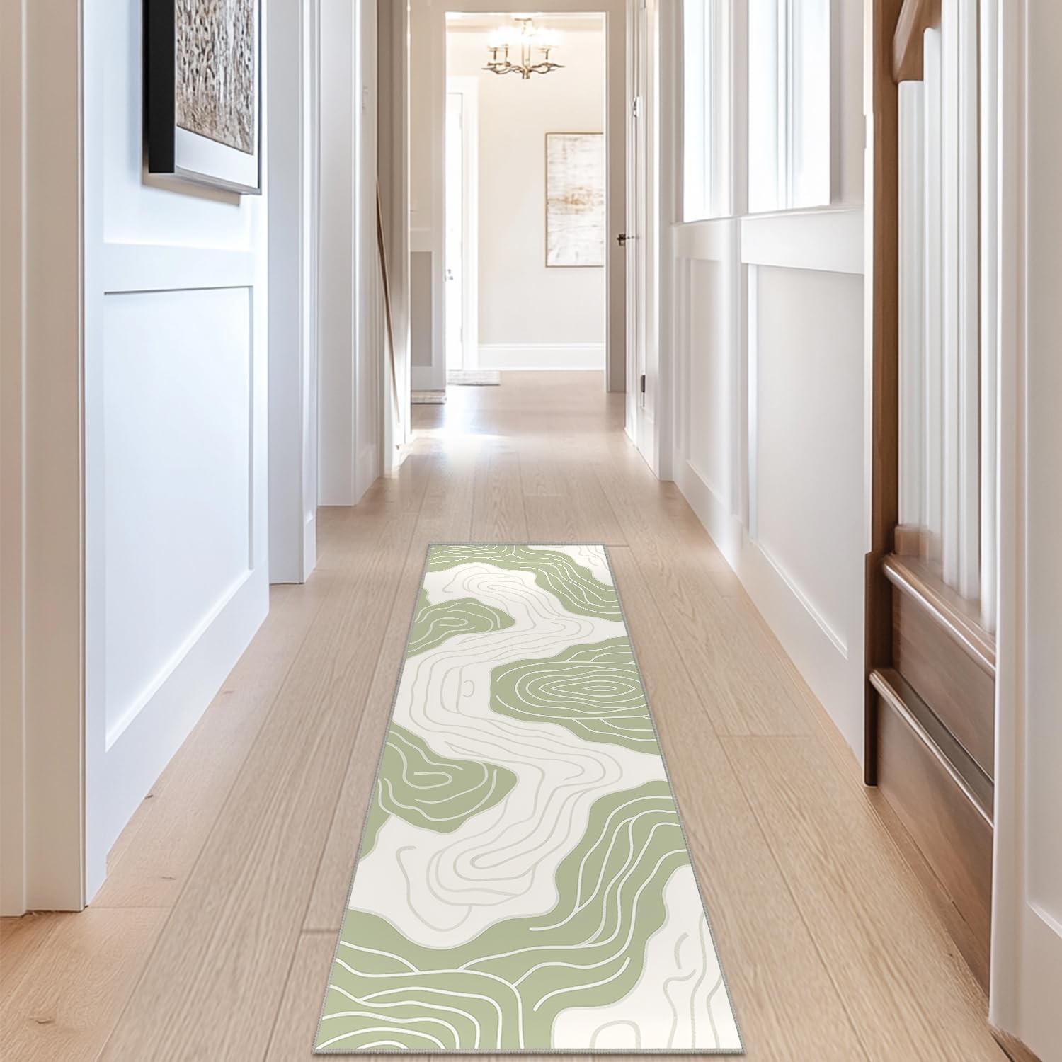 Beige and Green Runner Rug for Hallway Kitchen 2×6 Abstract Neutral Area Rugs…