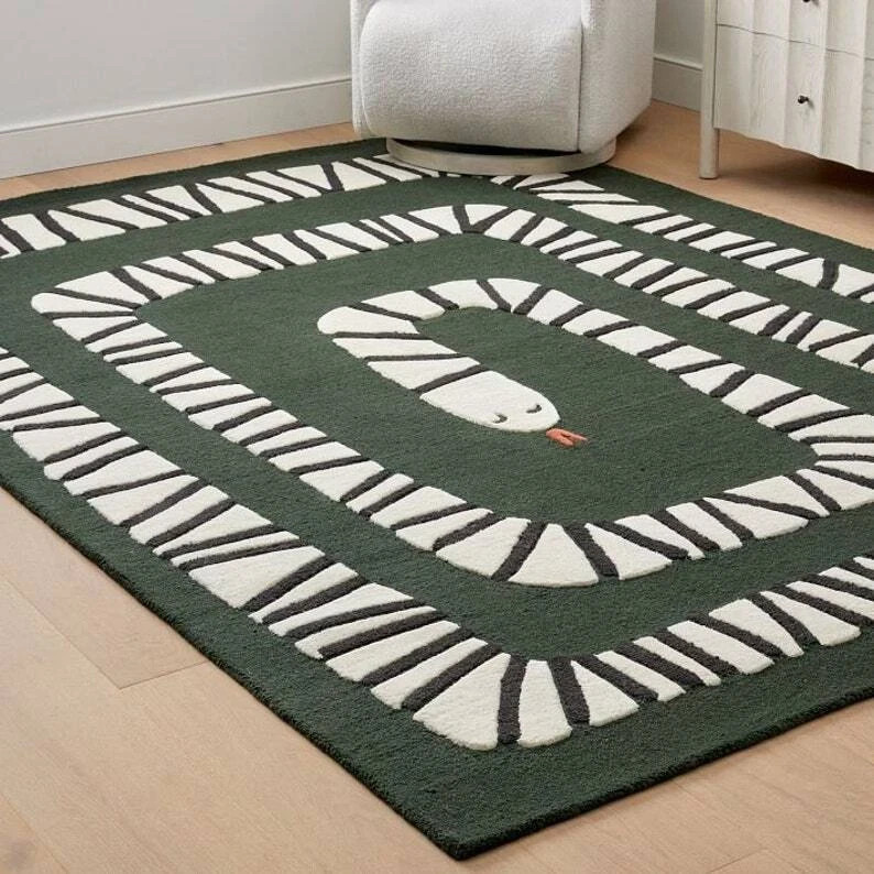 Modern Designer Traditional Hand Made Hand Tufted Wool Rug Tufted Snake Green