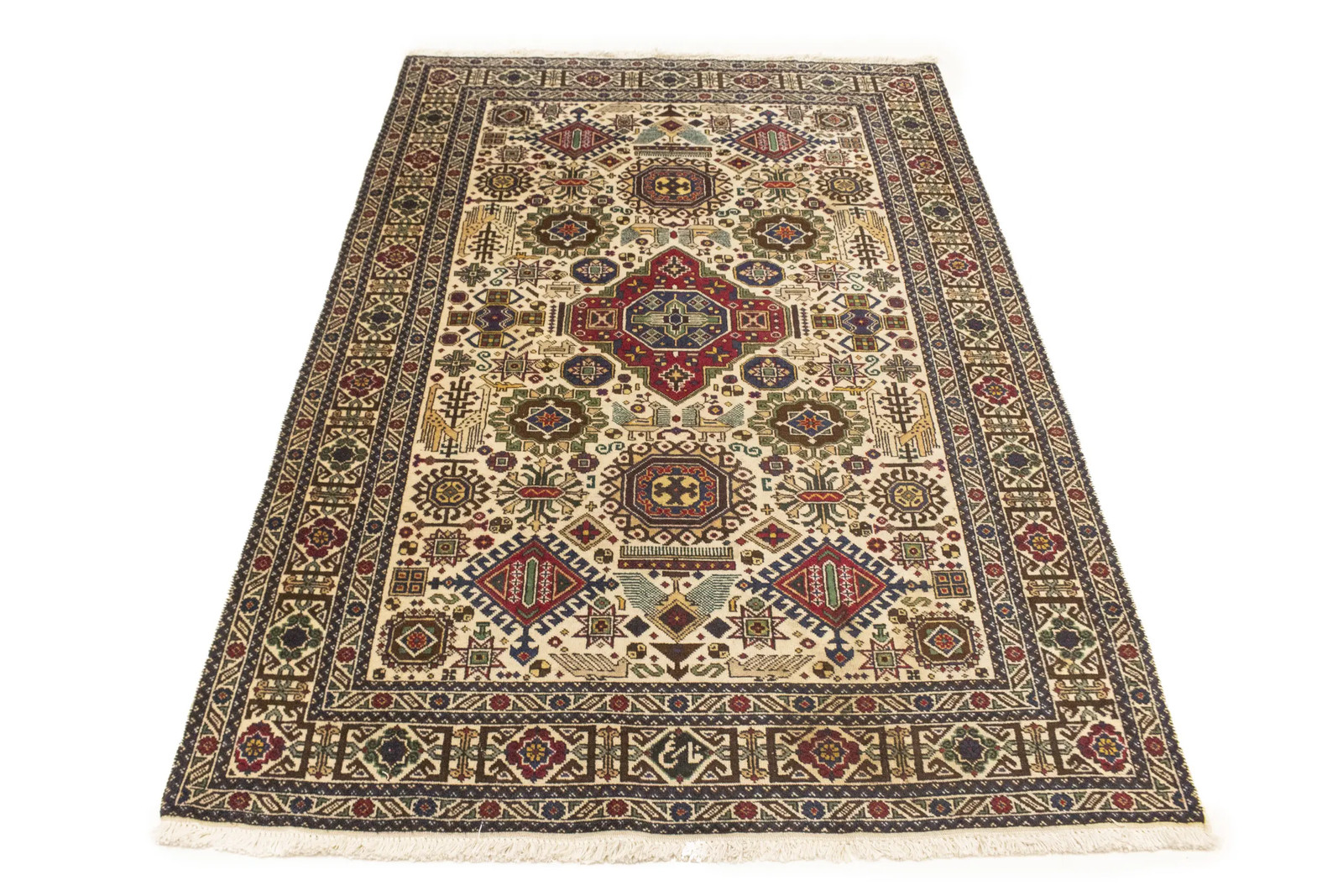 4’4X6’4 Antique Hand-Knotted Oriental Rug Cream Tribal Design Home Carpet