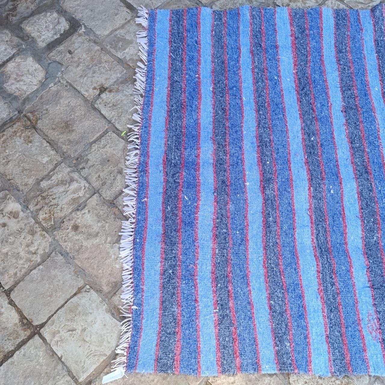 Vintage Algeria saharan Rug Handwoven Berber Blue Striped 79×57 in