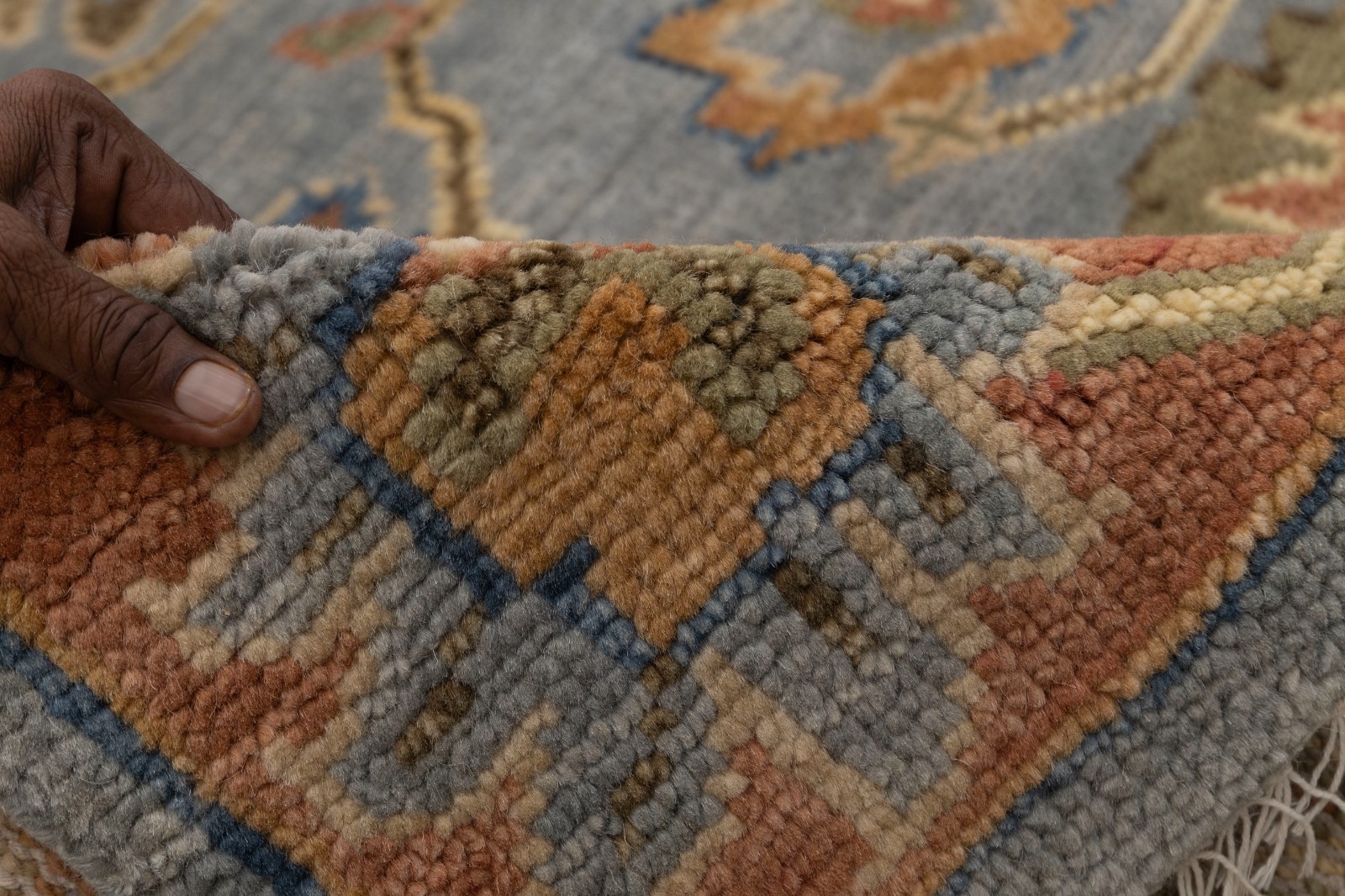 Traditional Turkish Oushak Blue Gray Rust Fine Quality Wool Hand Knotted Rug