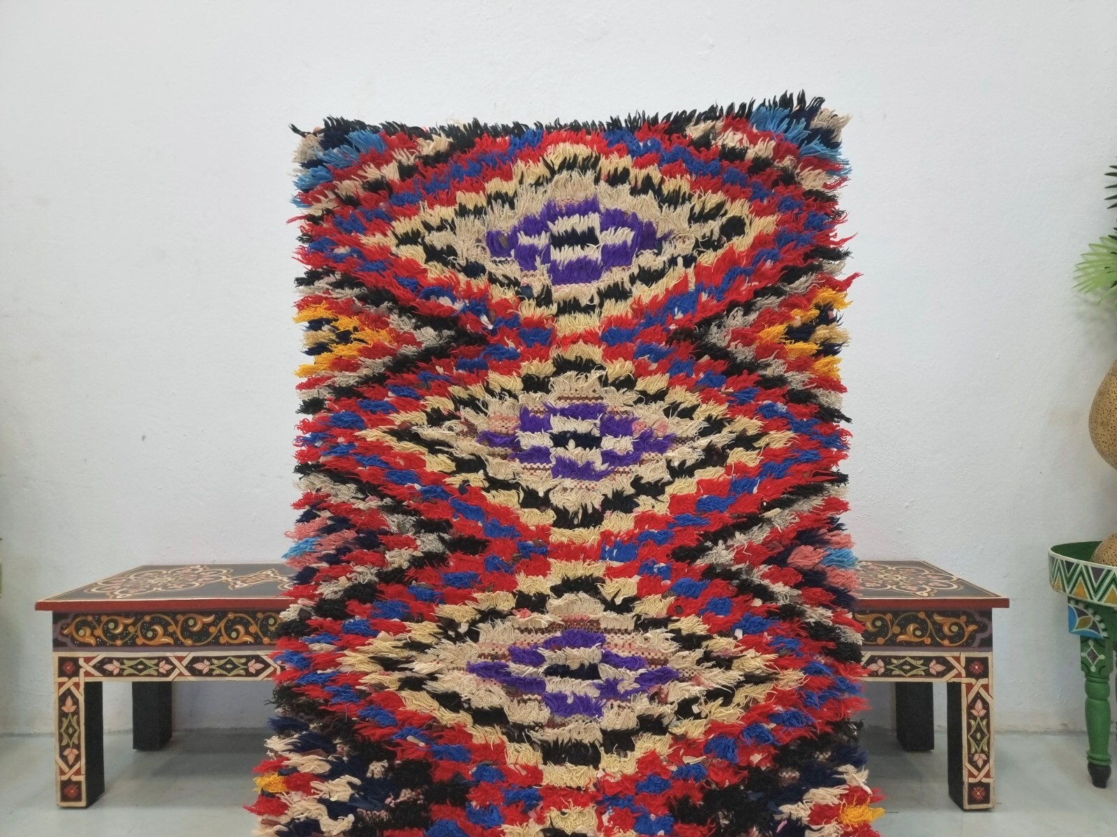 Moroccan Handmade Vintage Rug 2’4×5’3 Berber Geometric Red & Blue Cotton Rug