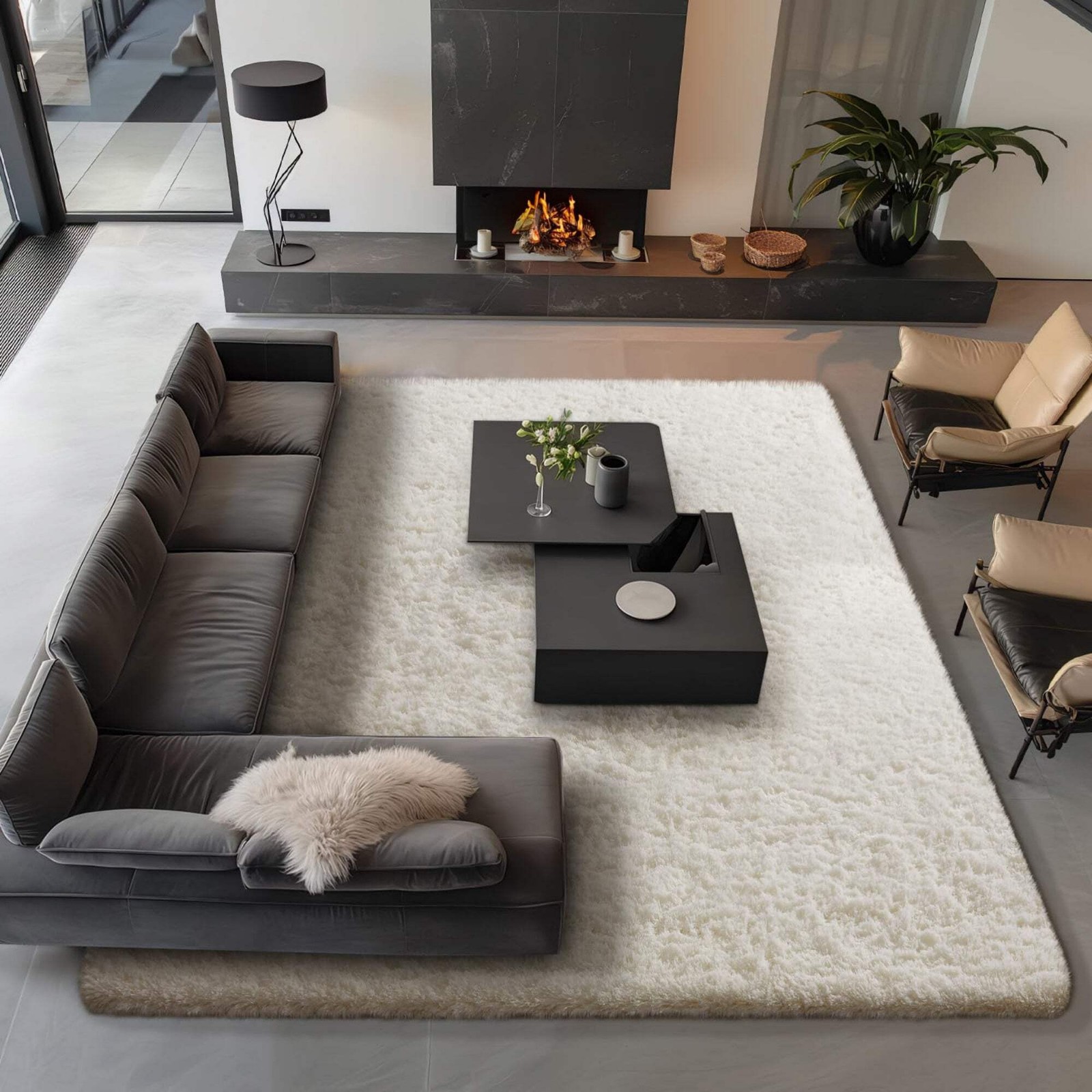 Ophanie 9×12 Area Rug Non Slip Plush Shag Bedroom Living Room Carpet Ivory Soft