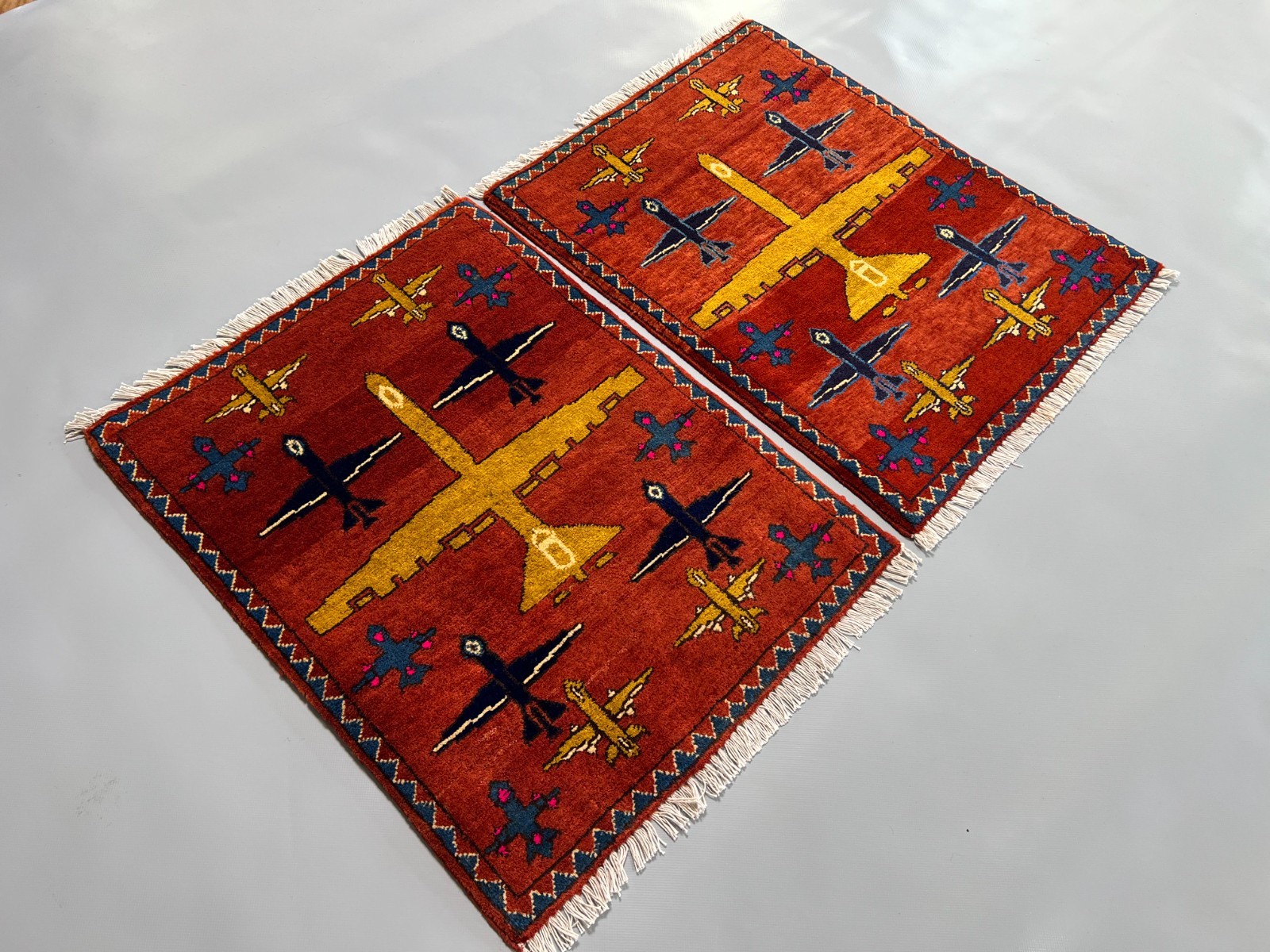 Afghan War Rug Handmade Wool Rust Airplane Military Tribal Carpet