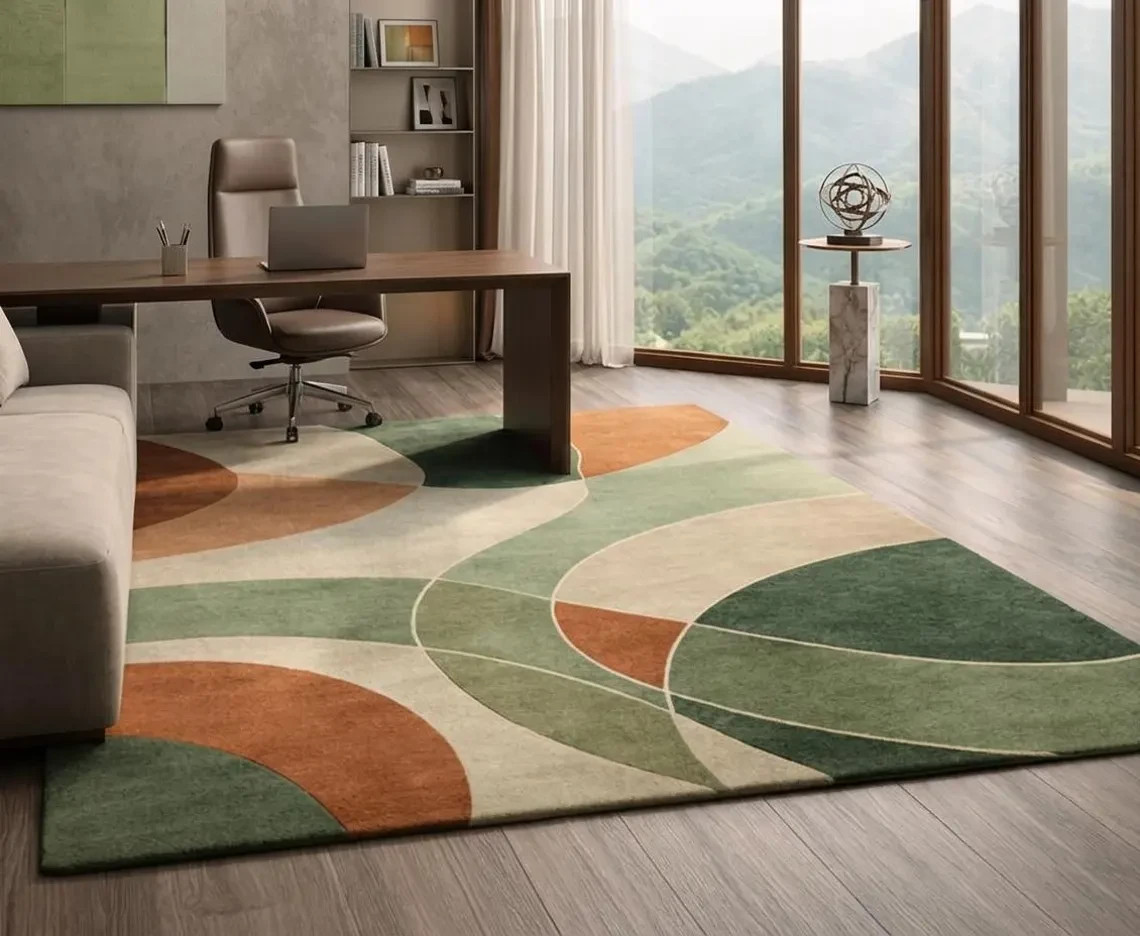 Luxuriously soft wool Abstract Geometric Rug, Arched Curved Pattern, Green Rug.