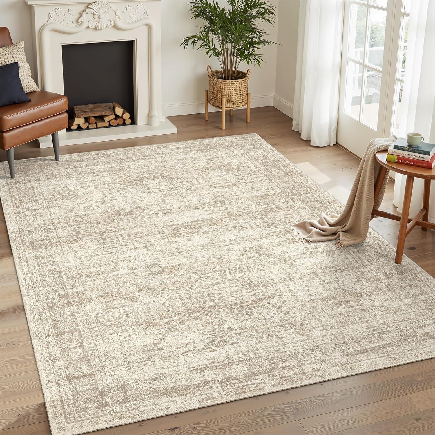 Pet-Friendly 5×7 Low Pile Area Rug – Elegant Beige Geometric Design
