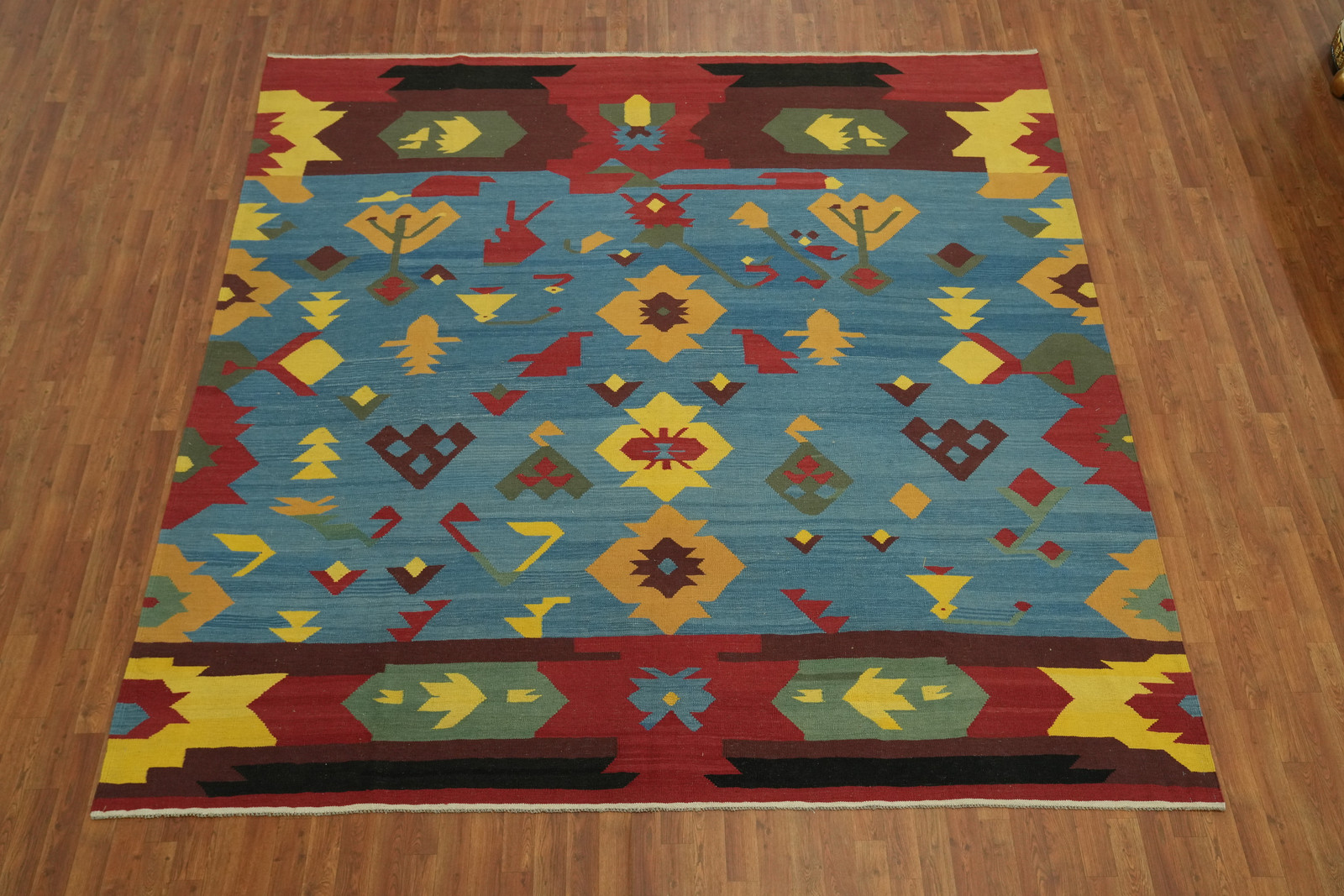 Kilim Square Area Rug 10×10 Ft Vegetable Dye Blue Wool Carpet Hand Woven Rug