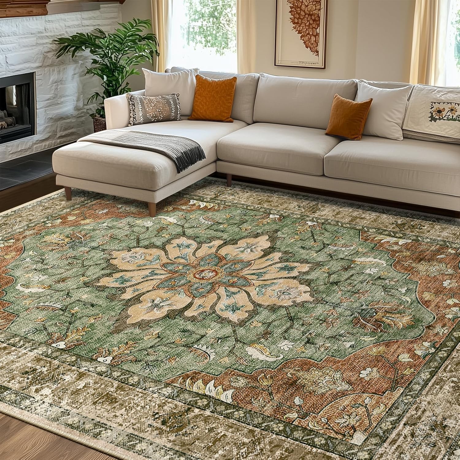 Elegant 8’x10′ Distressed Floral Area Rug – Machine Washable & Stain Resistant