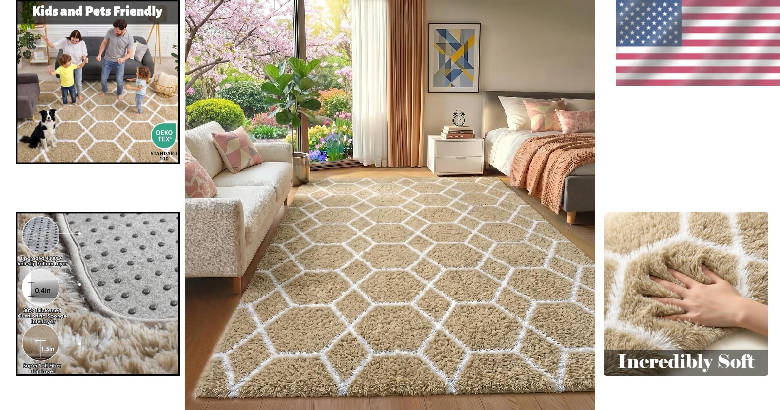 4×6 Fluffy Beige & White Geometric Area Rug: Soft, Safe & Stylish Decor!