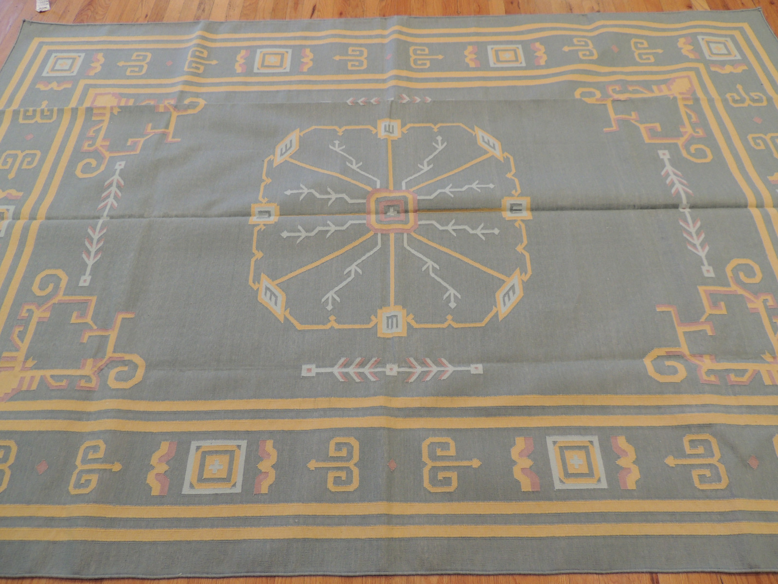 Dhurrie Durry 6×9 Reversible Area Rug Geometric design Blue Gray yellow wool