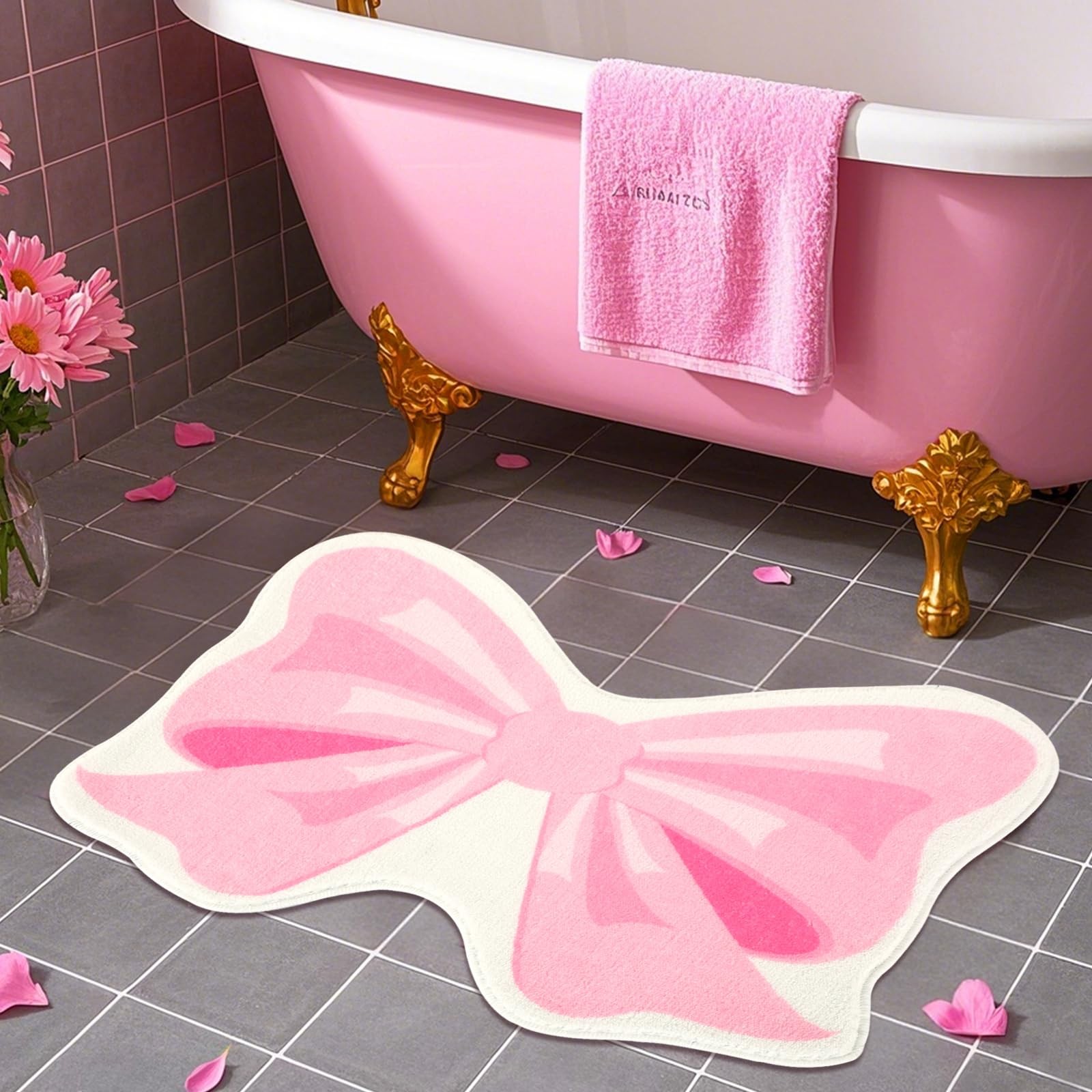 Pink Bow Bathmat Rugs, Non Slip Coquette Bow Cute Aesthetic Carpet, Cute Room…