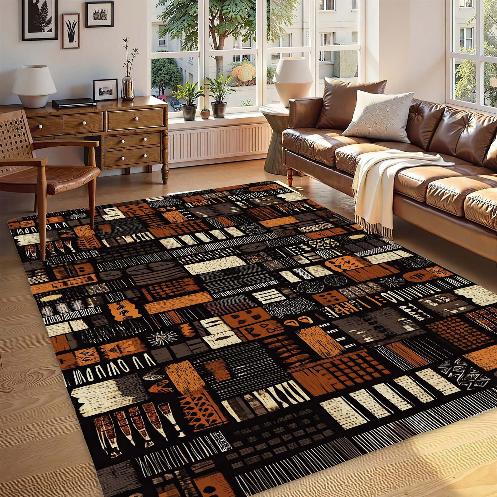 African Style Brown Orange Area Rug for Living Room, Non-Slip Backing Low Pil…