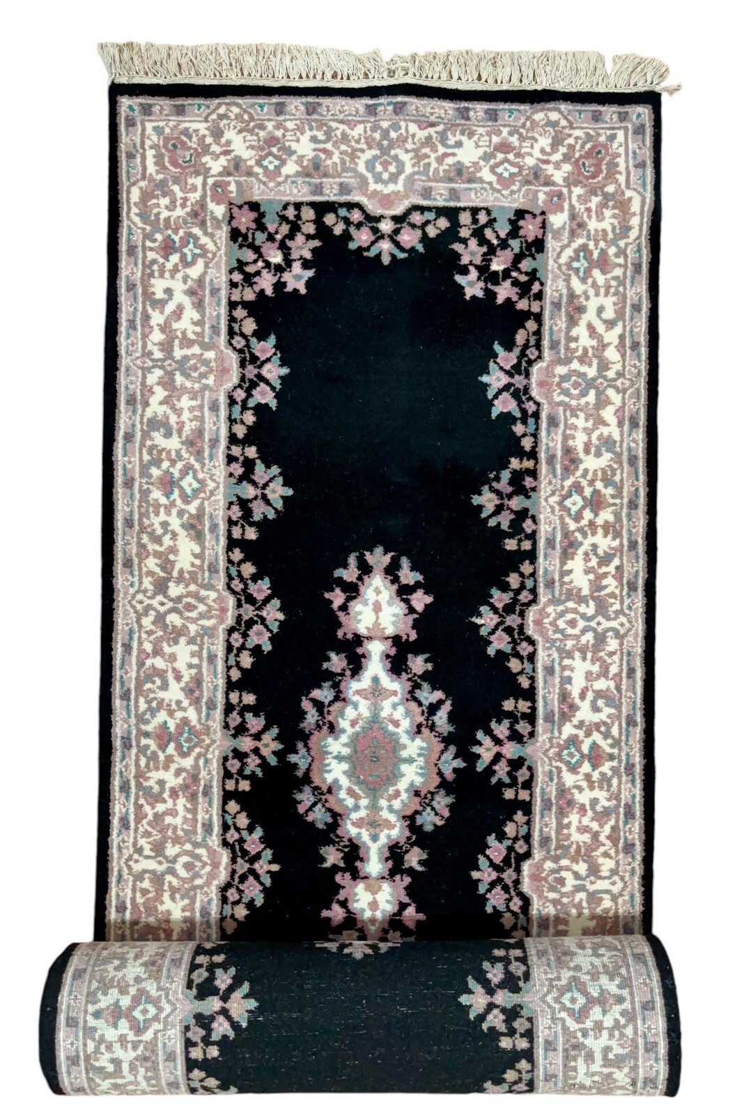 2’7″x10’ Hand Knotted Charcoal Black Beige Pink Oushak Tabrizz Wool Runner Rug
