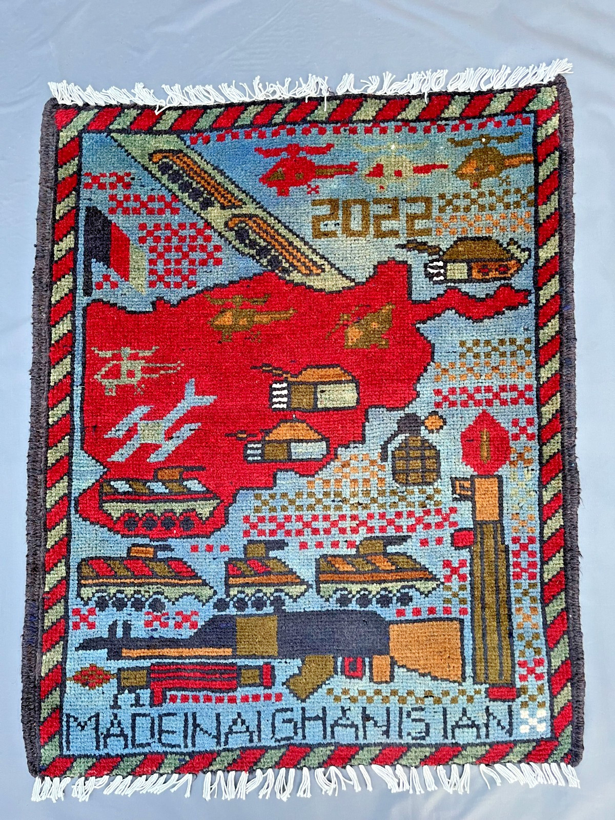 2’1 x 2’7 Ft Afghan War Rug – Pictorial Military Map Design Red Conflict Scene