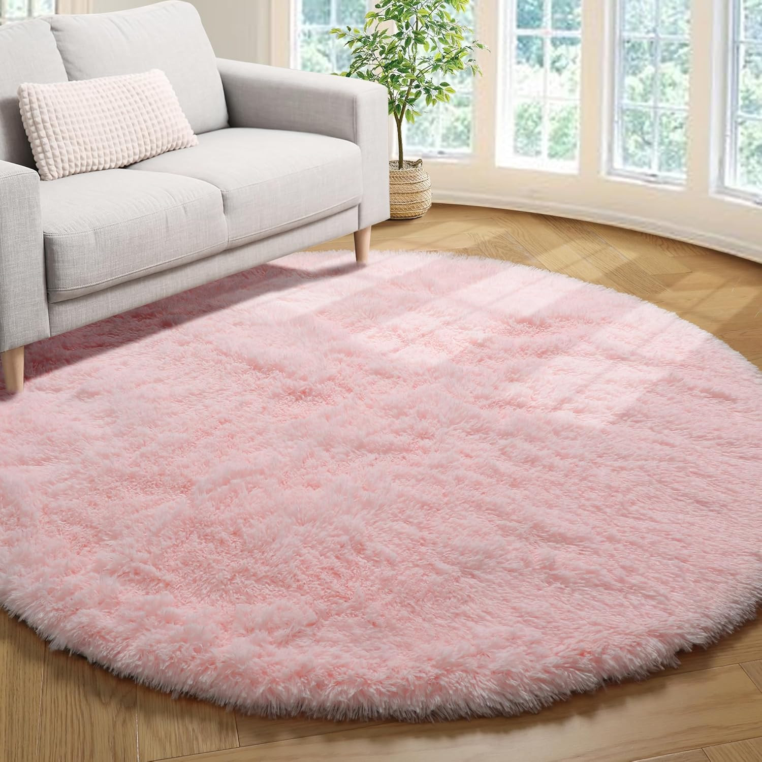 ONASAR Light Pink Fluffy round Rug 4Ft for Girls Bedroom, Circle Area Rugs for K