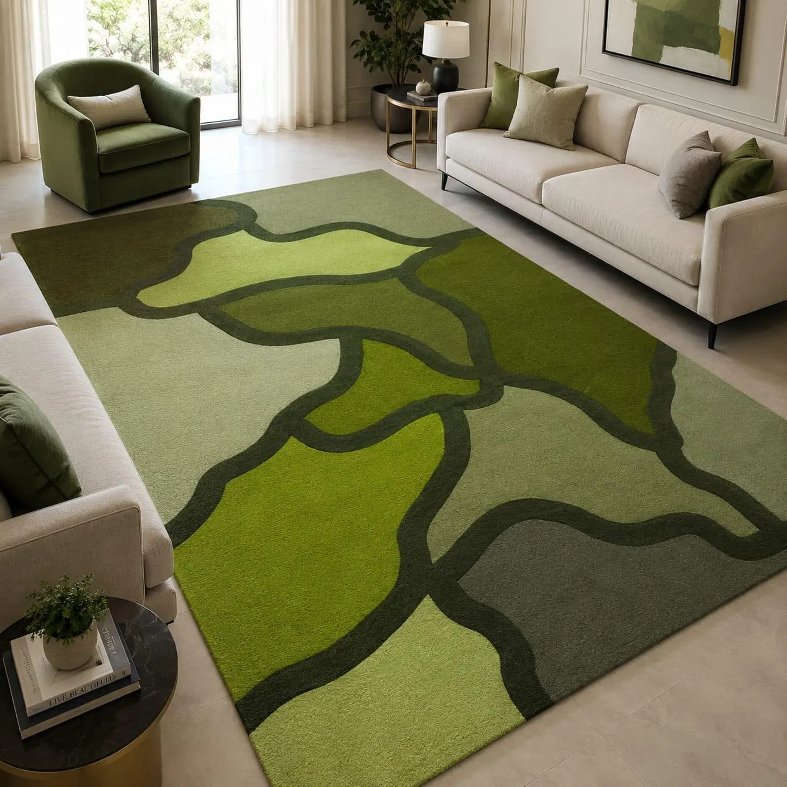 Green Hand Tufted Wool Rug, Organic Modern Area Carpet Abstract Moss Living Room