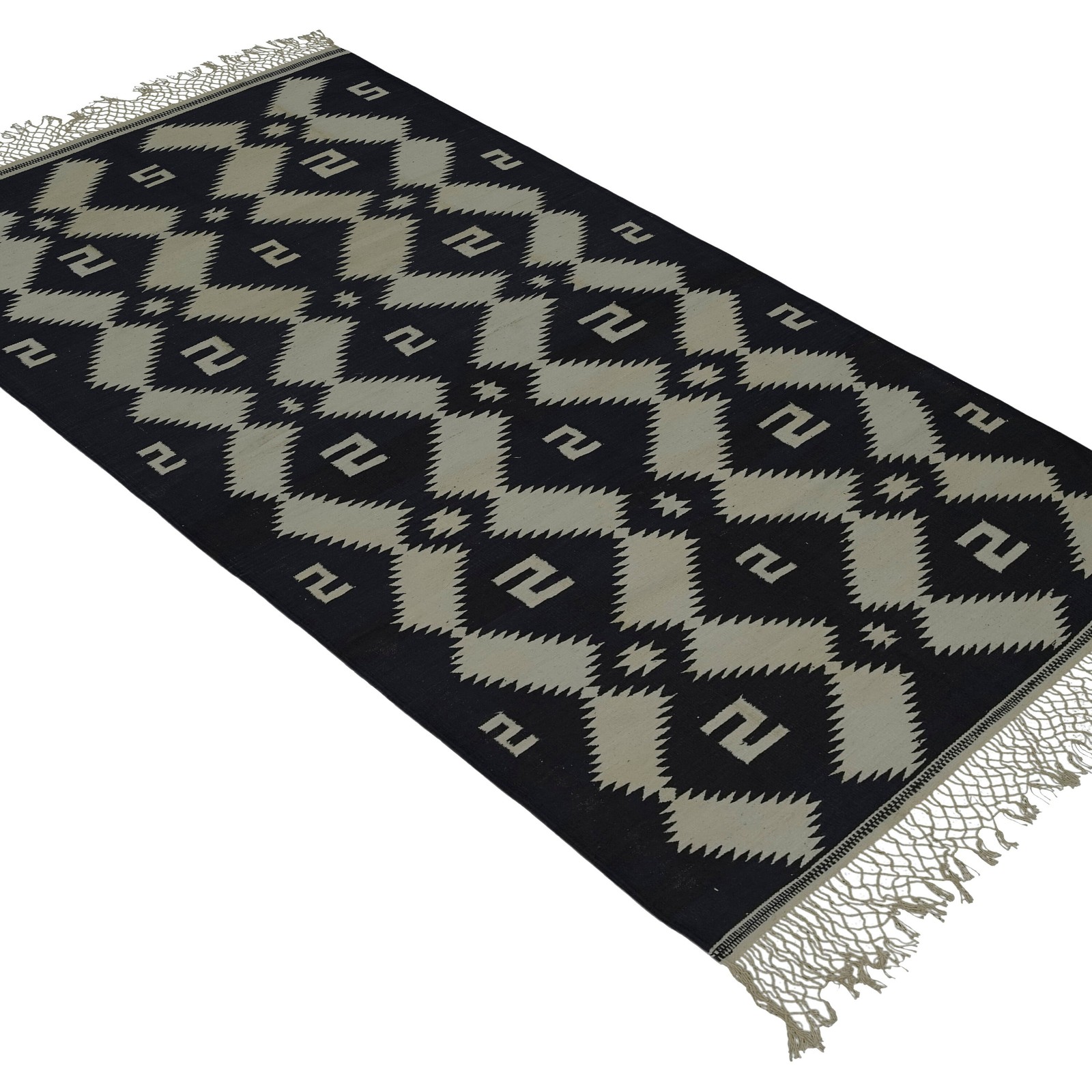 Black and Gray Punjabi Area Rug 3.6 x 6.6 ft Indian Dhurrie Reversible Rug