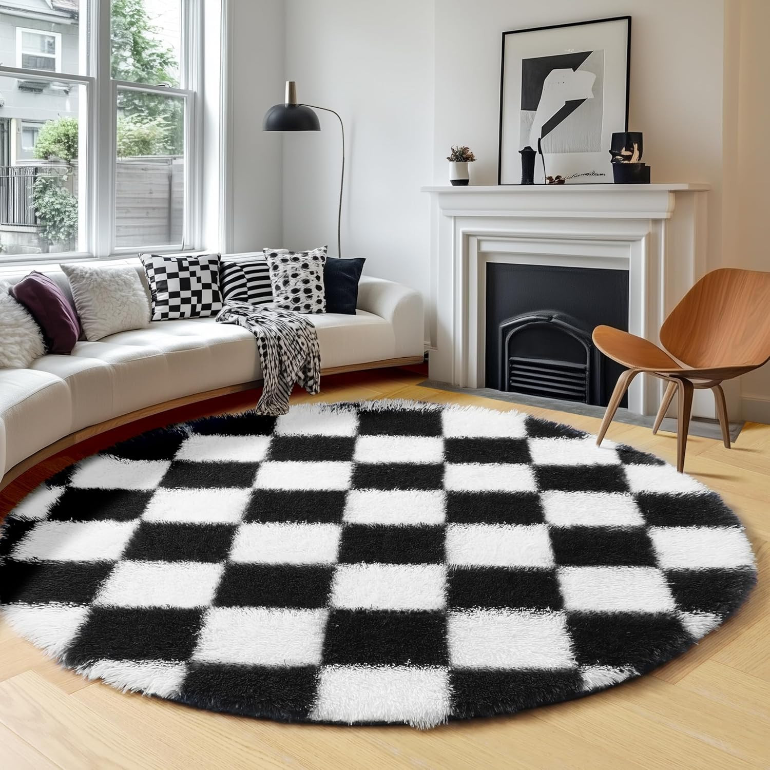 Round Rug 4ft for Bedroom, Black and White Fluffy Soft Circle Area Rug Small Fuz