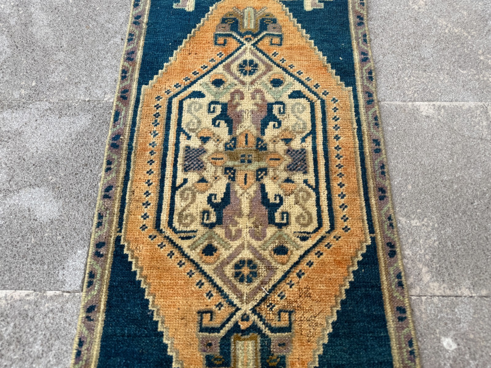 Handwoven Anatolian Accent Carpet 1.4×3.1 Ft Navy Camel Tribal Wool Decor