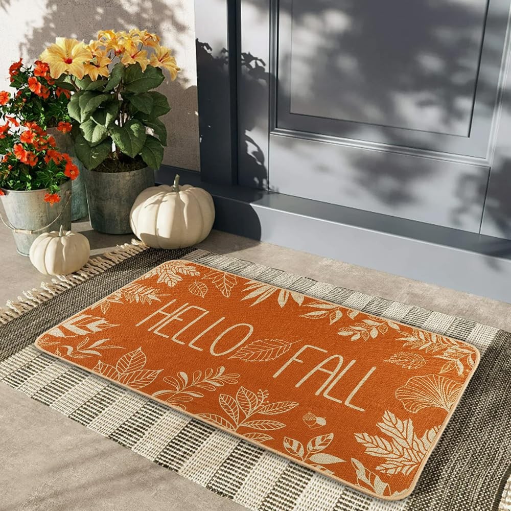 Hello Fall Door Welcome Mat, Autumn Thanksgiving Orange Outdoor Rug Leaves De…