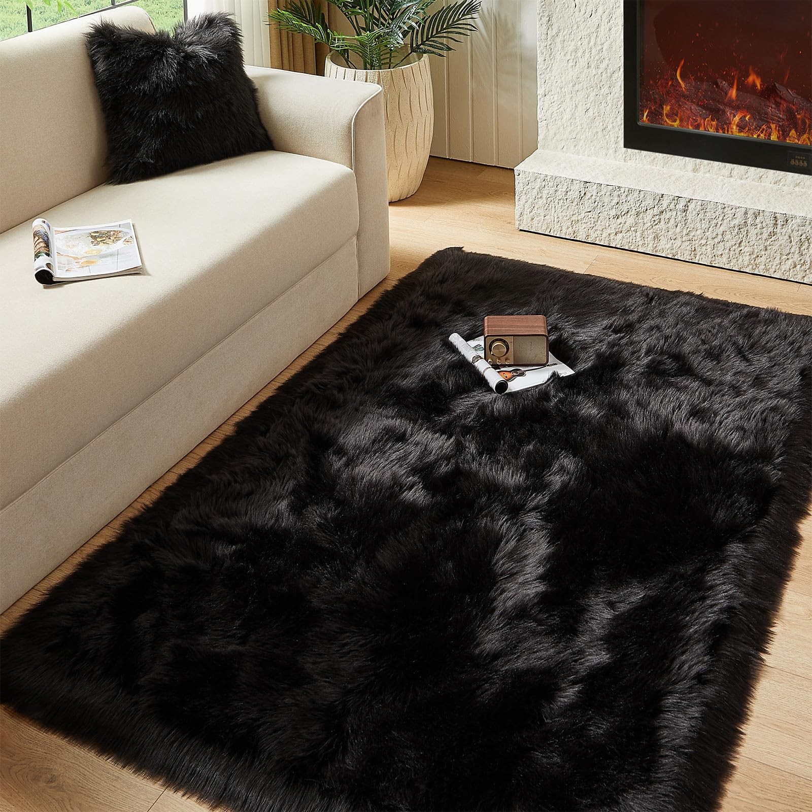 AMTOVO Faux Fur Sheepskin Rug for Living Room, 4 x 6 ft Black Fluffy Area Rug…
