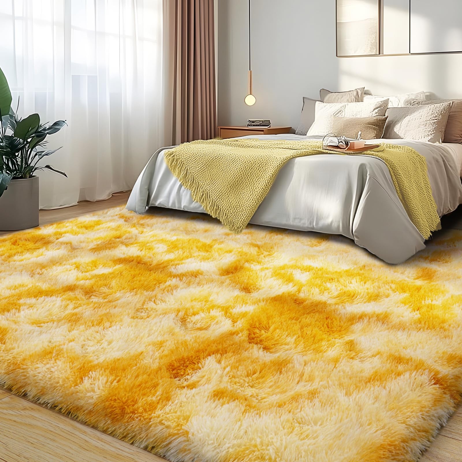 Area Rug 8×10 Tie-Dyed Yellow Soft Shag – 1.7-Inch Pile Non-Slip for Living Room